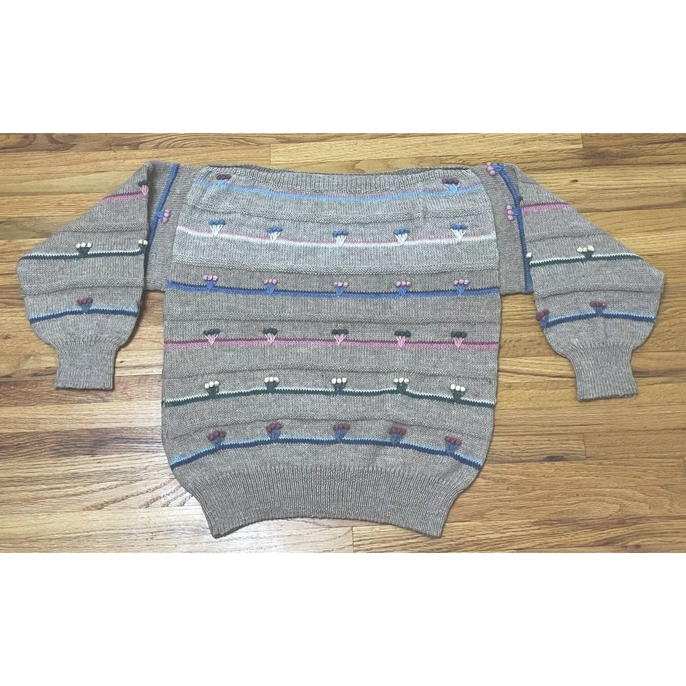 Vintage Floral‎ Sweater Women's S 80s Brown 3D Hand Knit Pastel Embroidered